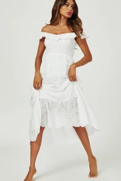 Lace Embroidery Bardot Maxi Dress In White