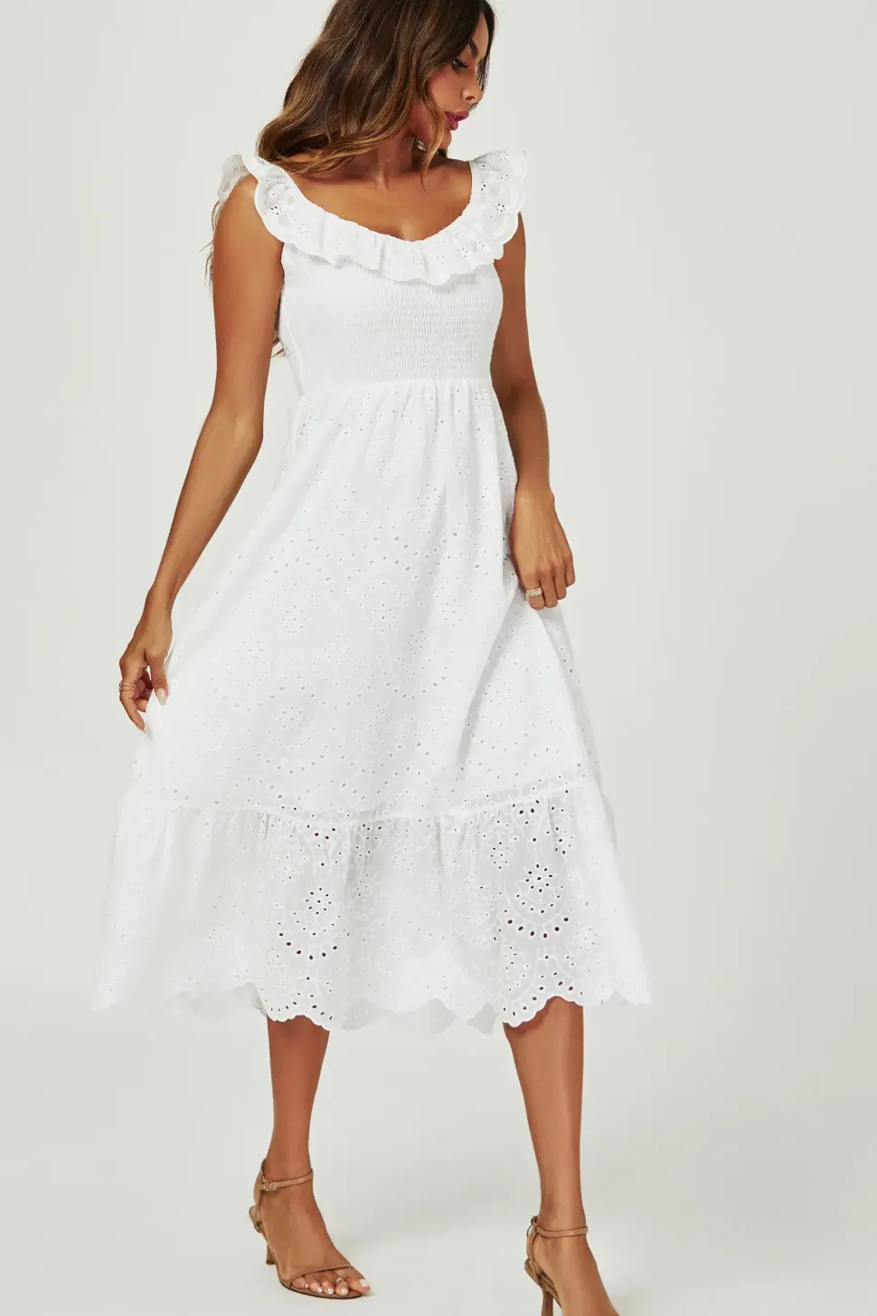 Lace Embroidery Bardot Maxi Dress In White