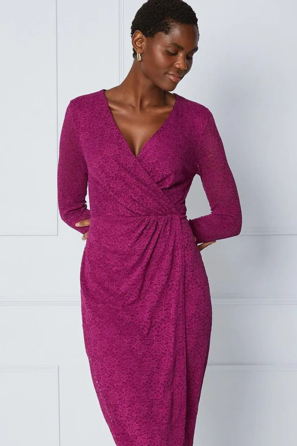 Lace Gathered Wrap Midi Dress