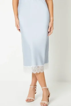 Lace Hem Satin Midi Skirt