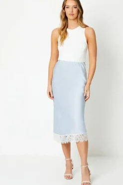 Lace Hem Satin Midi Skirt