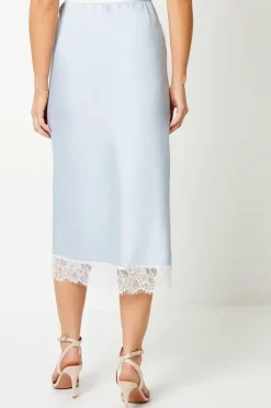 Lace Hem Satin Midi Skirt