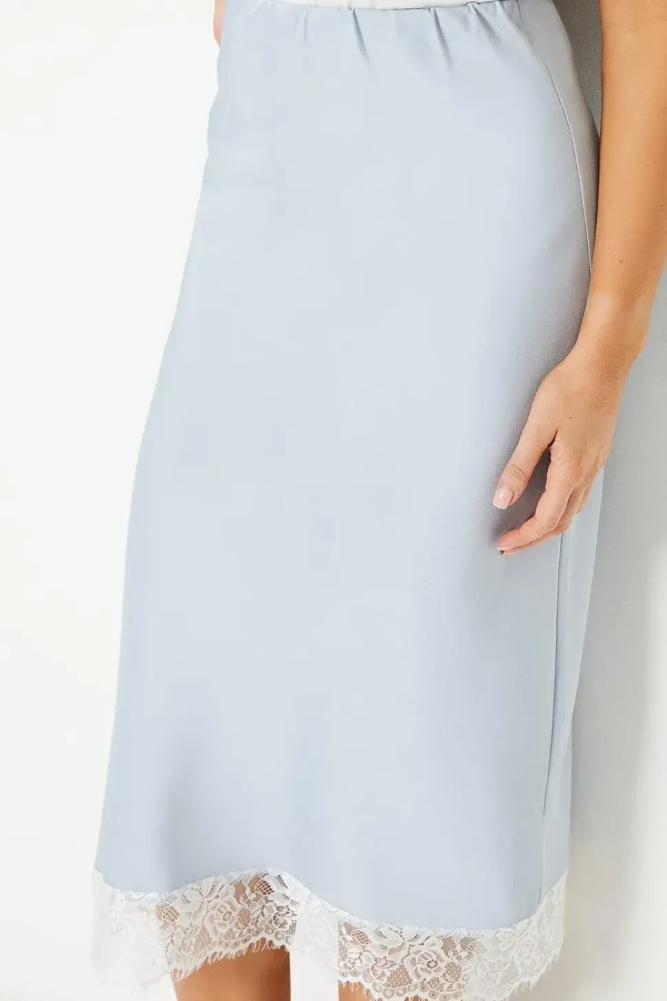 Lace Hem Satin Midi Skirt