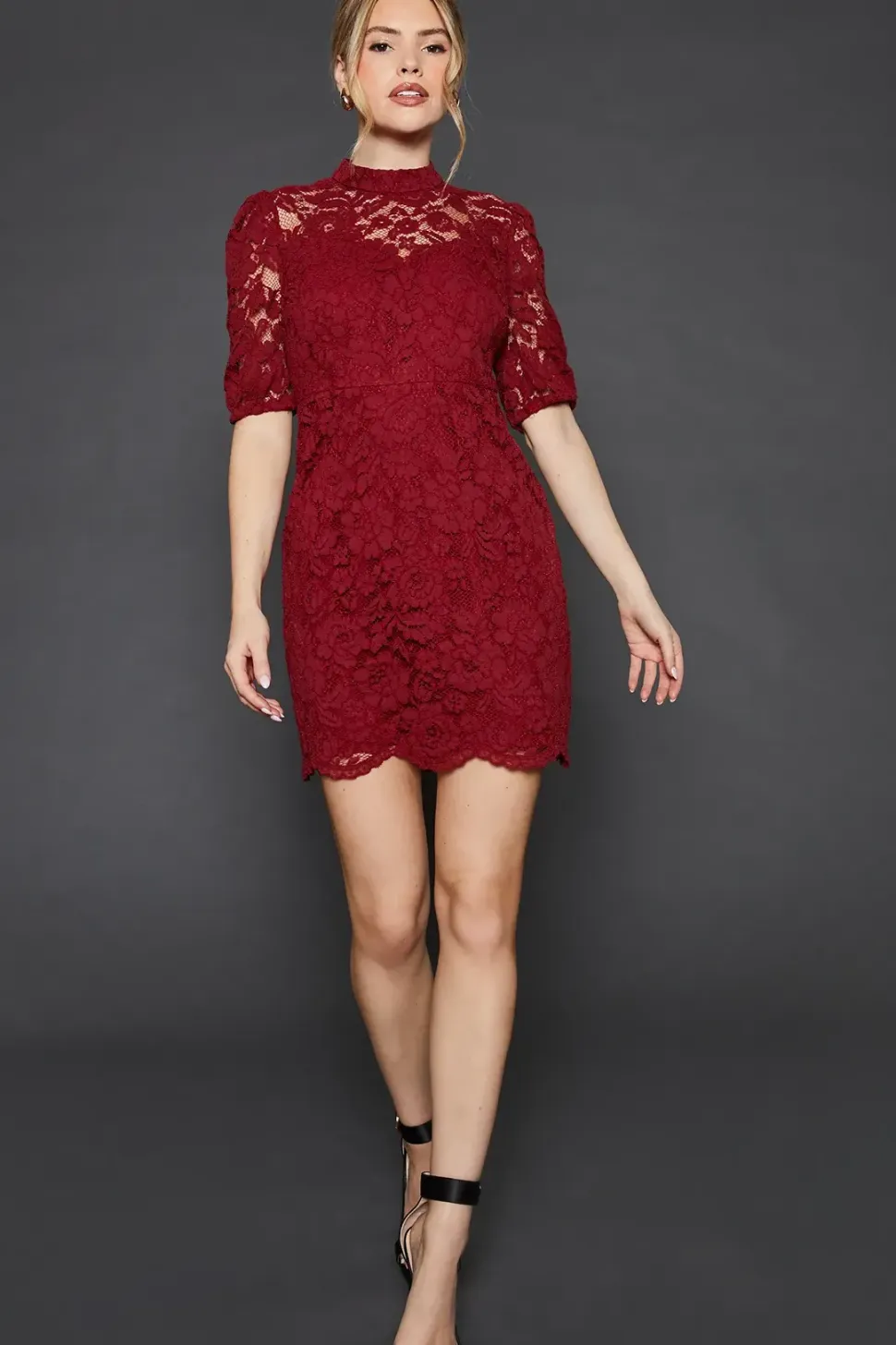 Lace High Neck Short Sleeve Mini Dress