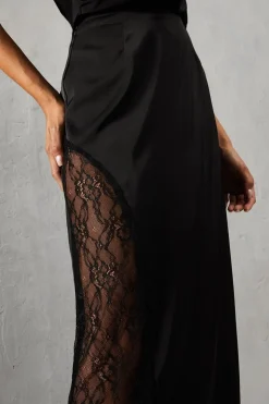 Lace Insert Column High Waist Maxi Skirt