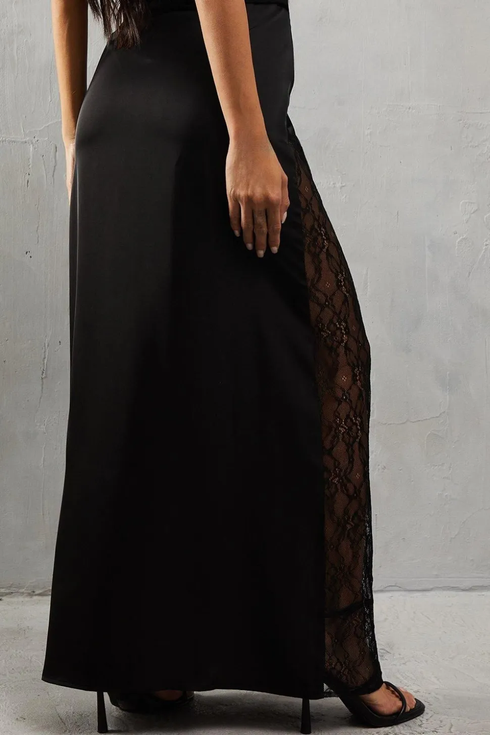 Lace Insert Column High Waist Maxi Skirt