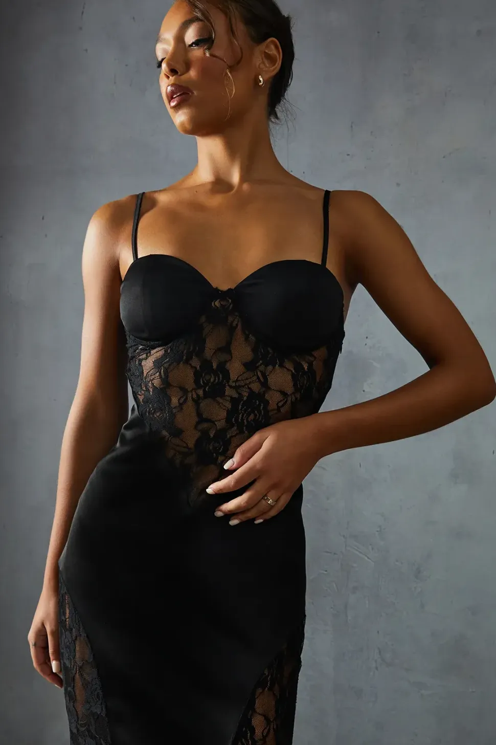 Lace Insert Cupped Strappy Maxi Dress