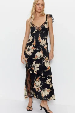 Lace Insert Floral Printed Bias Cut Midi Dress