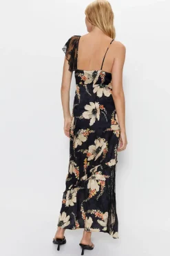 Lace Insert Floral Printed Bias Cut Midi Dress