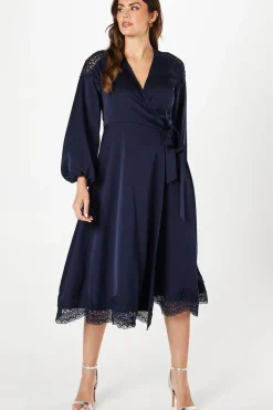 Lace Insert Wrap Midi Dress