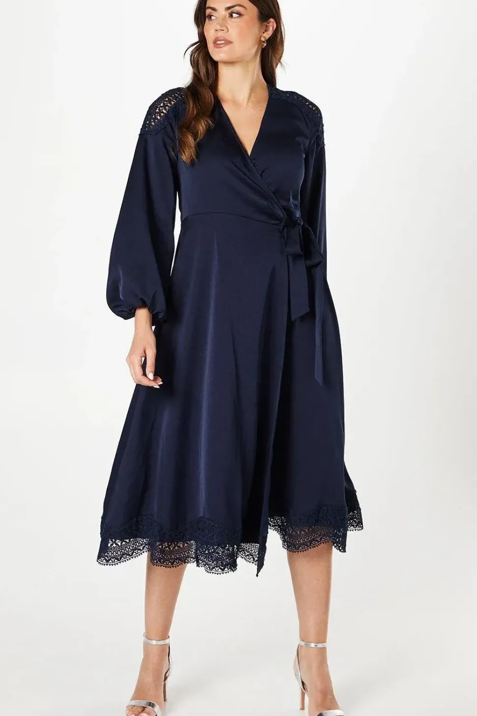 Lace Insert Wrap Midi Dress