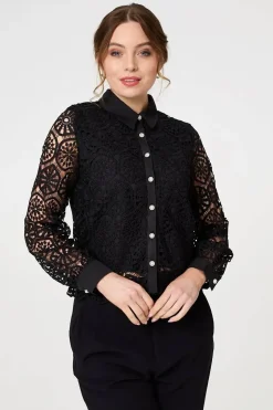 Lace Layer Sheer Sleeve Cropped Shirt