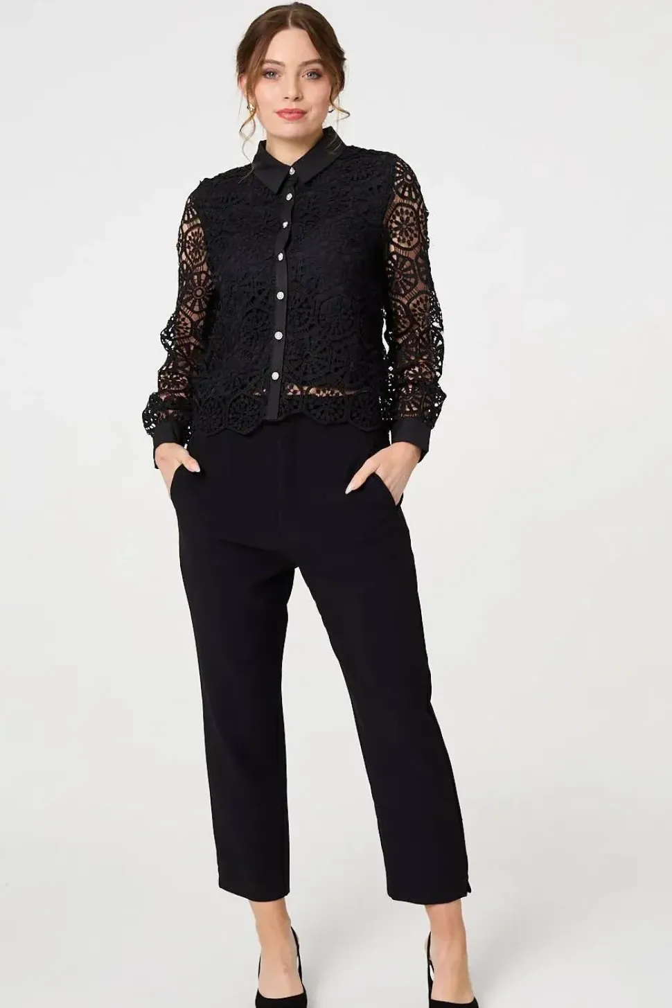 Lace Layer Sheer Sleeve Cropped Shirt