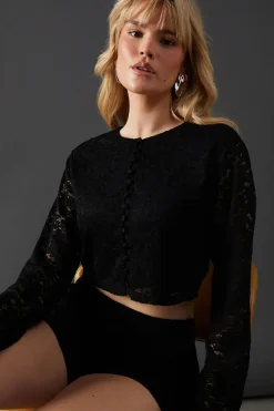 Lace Long Sleeve Button Down Crop Top
