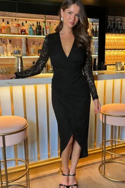 Lace Long Sleeve Wrap Midi Dress