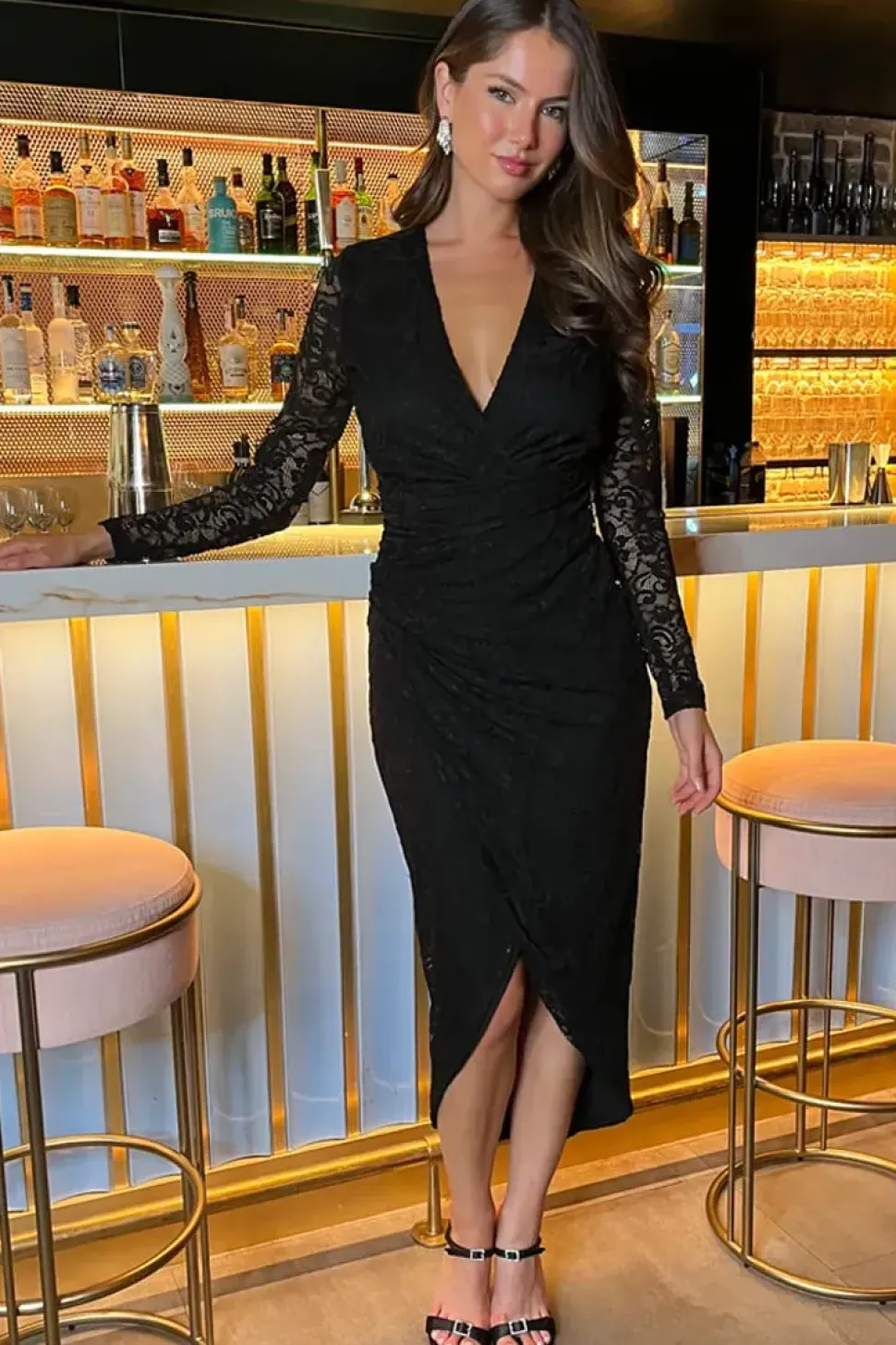 Lace Long Sleeve Wrap Midi Dress