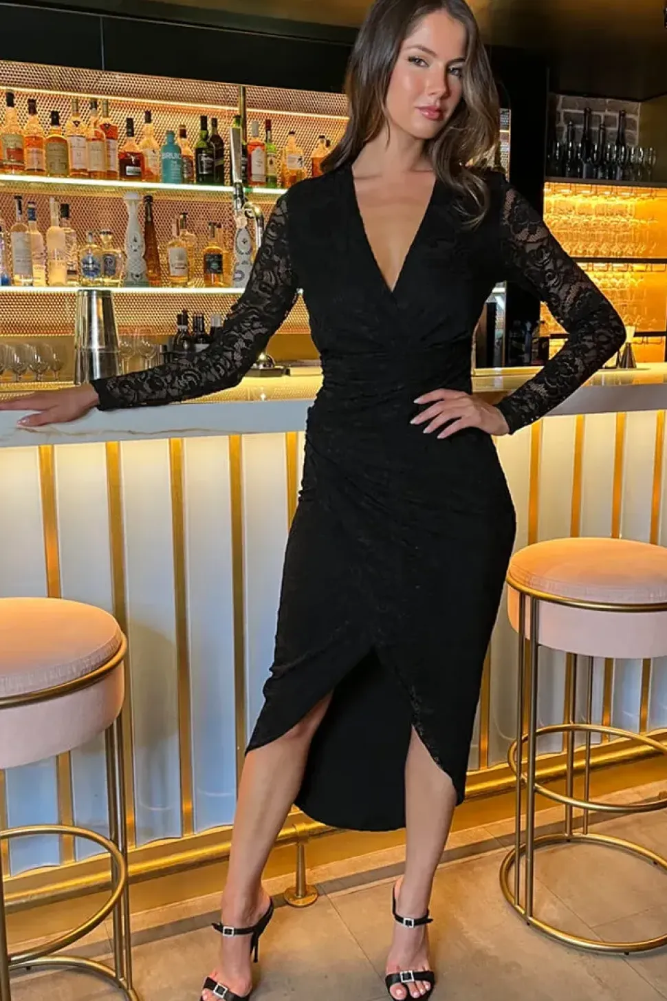 Lace Long Sleeve Wrap Midi Dress