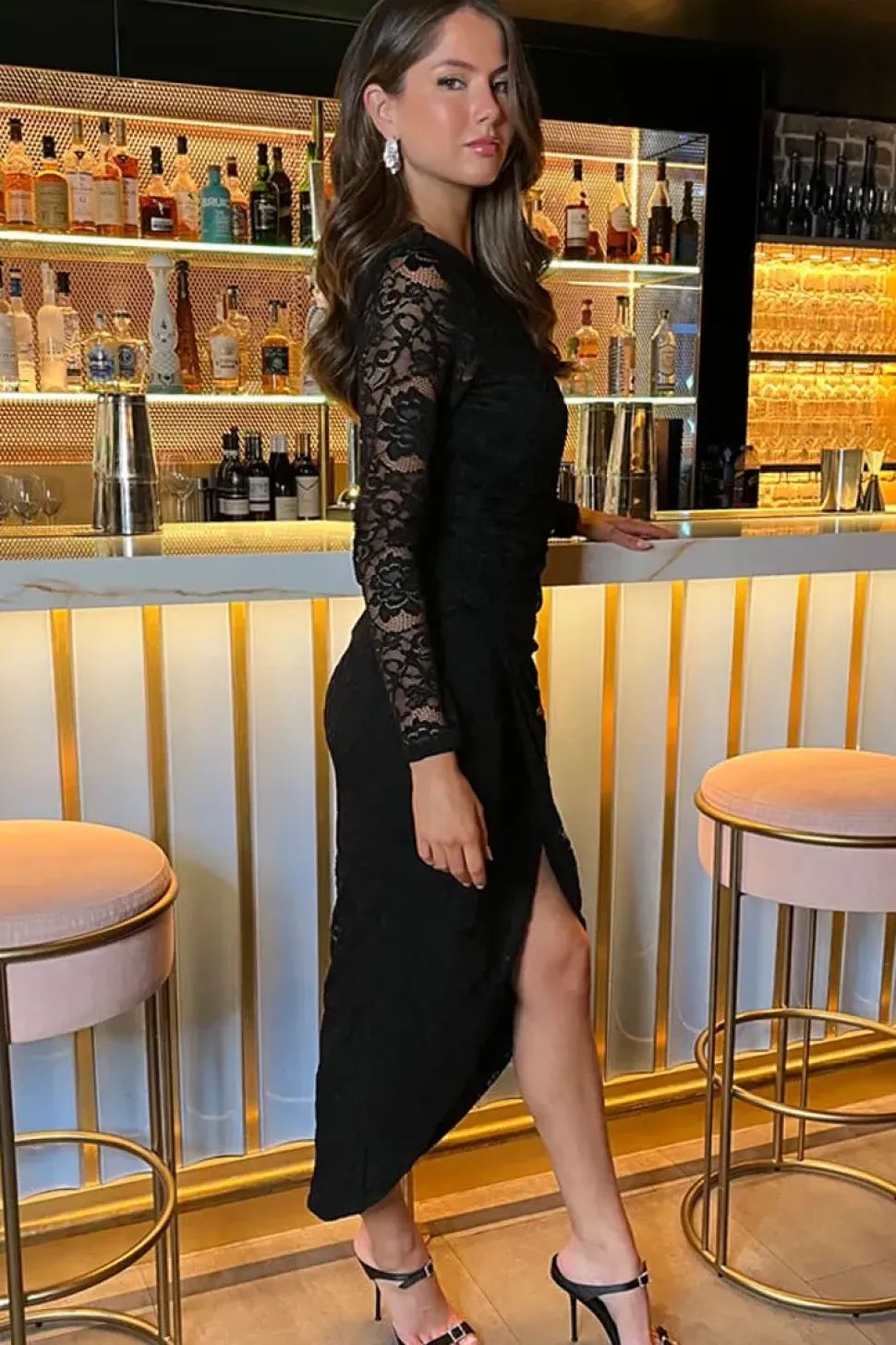 Lace Long Sleeve Wrap Midi Dress