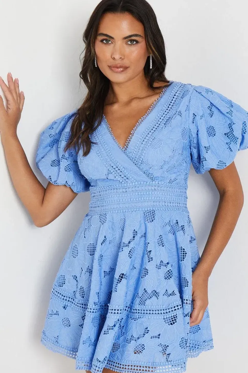 Lace Mini Dress With Puff Sleeve