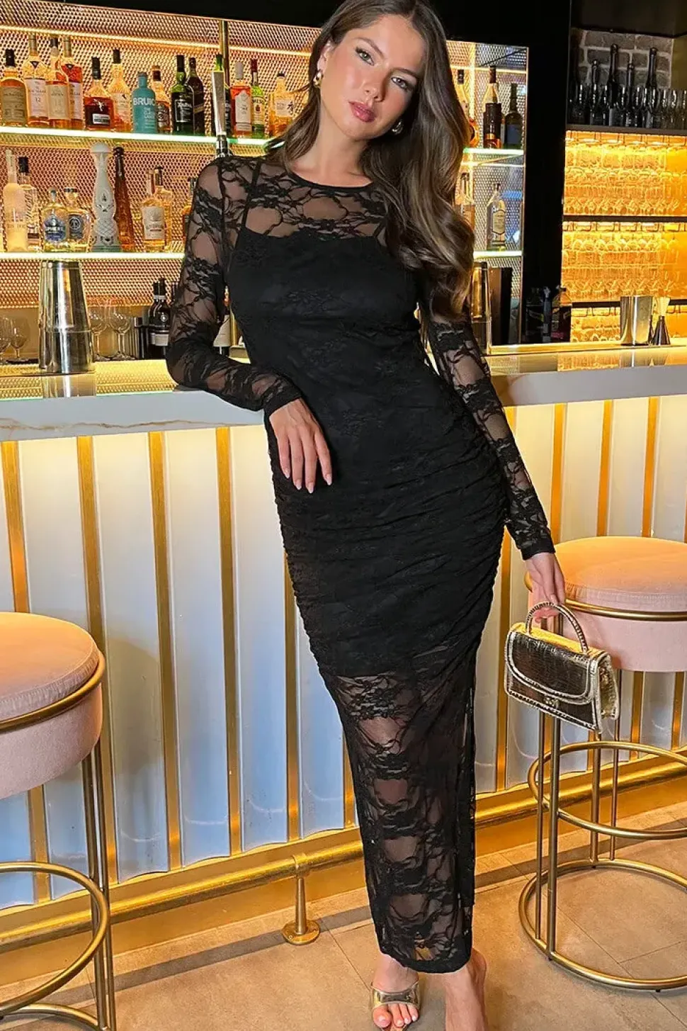 Lace Overlay Long Sleeve Bodycon Midi Dress