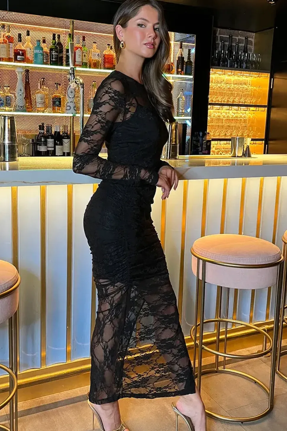Lace Overlay Long Sleeve Bodycon Midi Dress