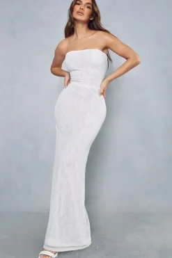 Lace Overlay Mesh Fitted Flare Hem Bandeau Maxi Dress