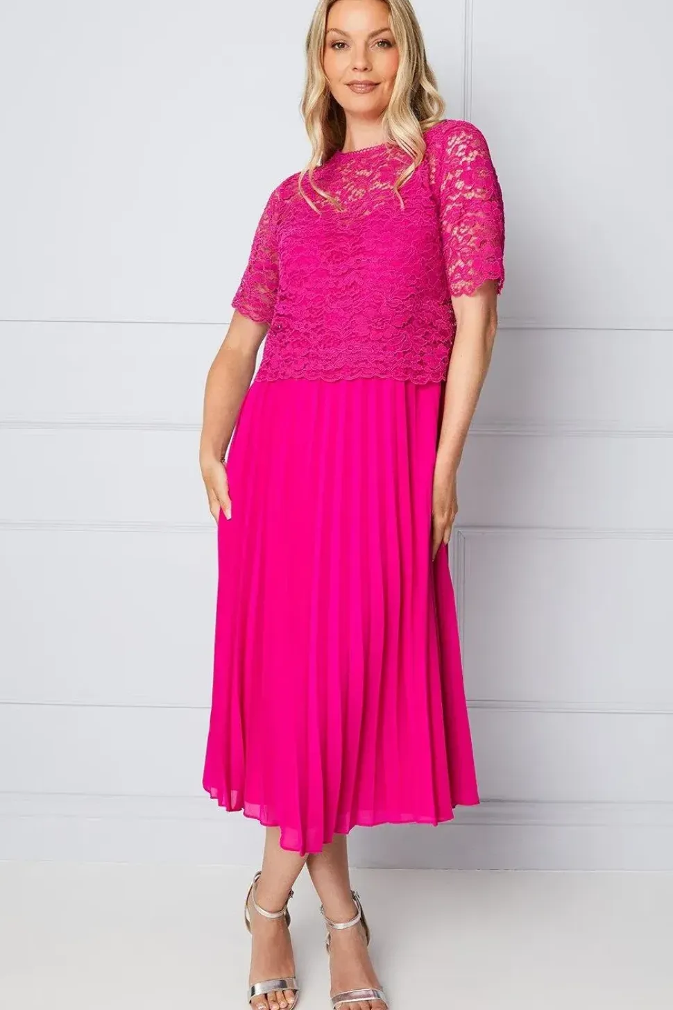 Lace Overlay Pleated Midi Dress