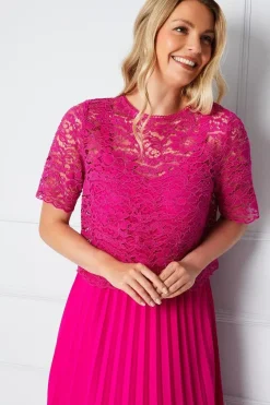 Lace Overlay Pleated Midi Dress