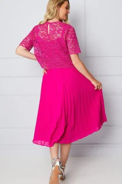 Lace Overlay Pleated Midi Dress