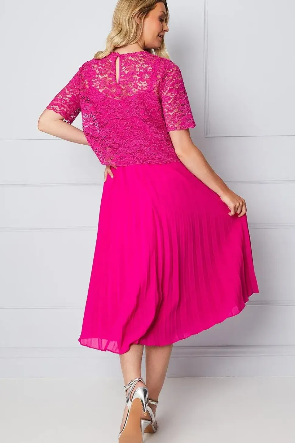 Lace Overlay Pleated Midi Dress