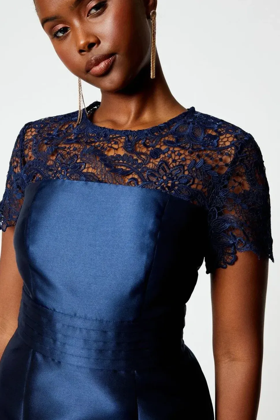 Lace Panel Twill Midi Dress