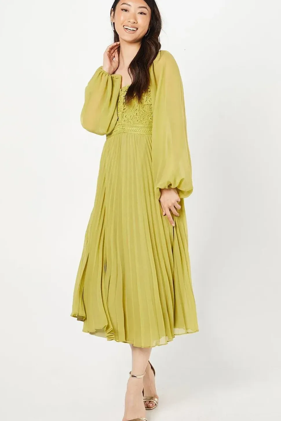 Lace Pleated Midi Wedding Guest Dress