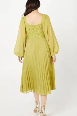 Lace Pleated Midi Wedding Guest Dress