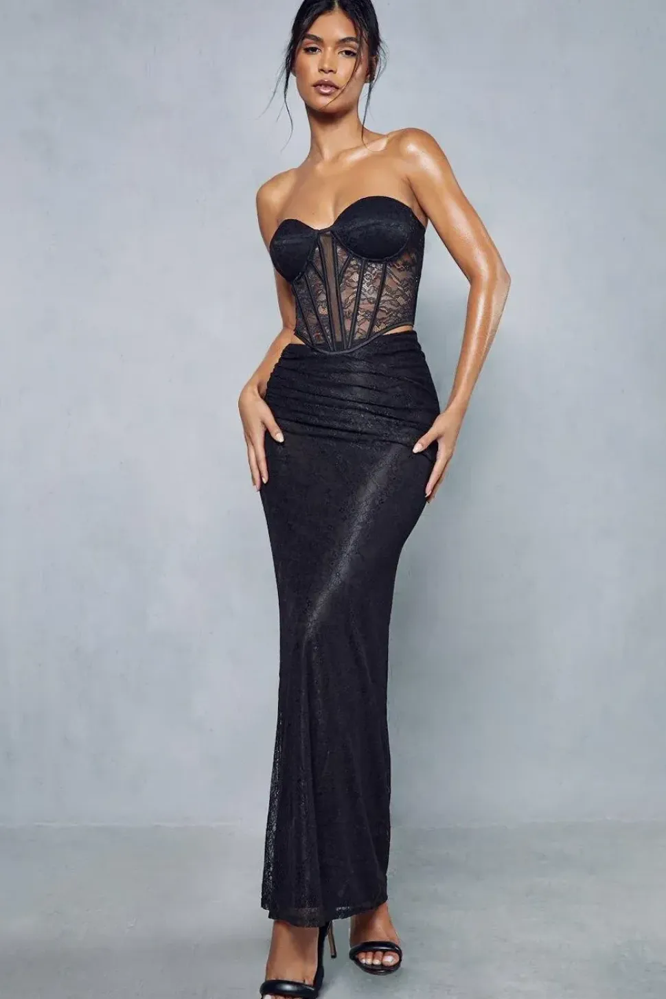 Lace Ruched Side Maxi Skirt