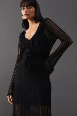 Lace Ruffle Front Flute Sleeve Cardigan Dress Set