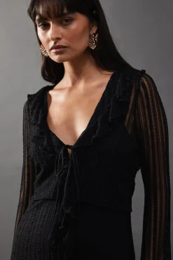 Lace Ruffle Front Flute Sleeve Cardigan Dress Set