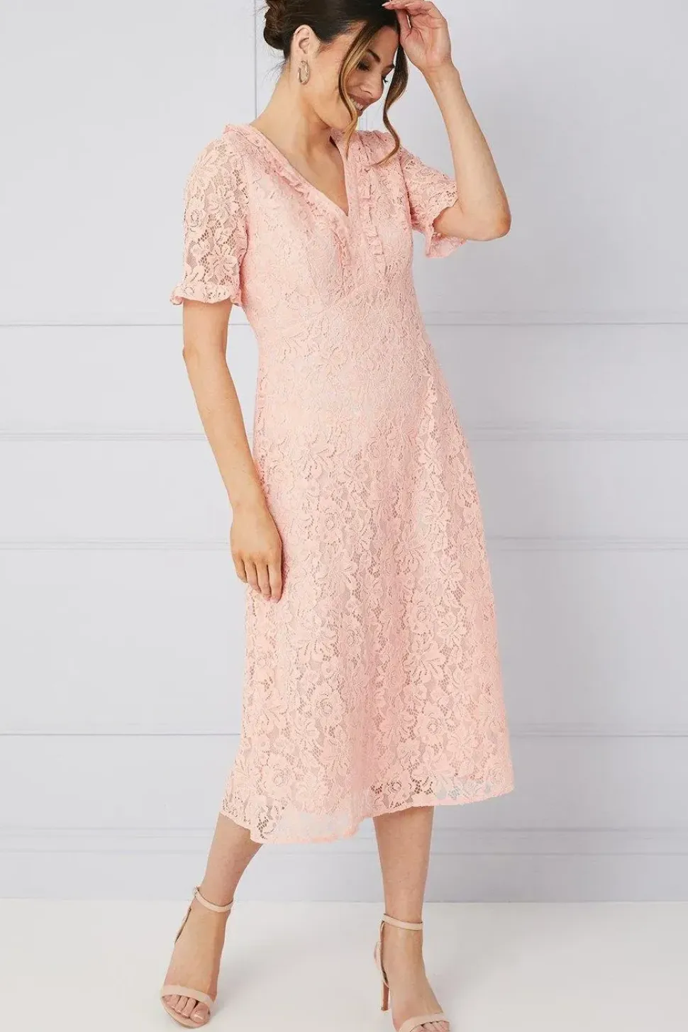 Lace Ruffle Front Midi Dress