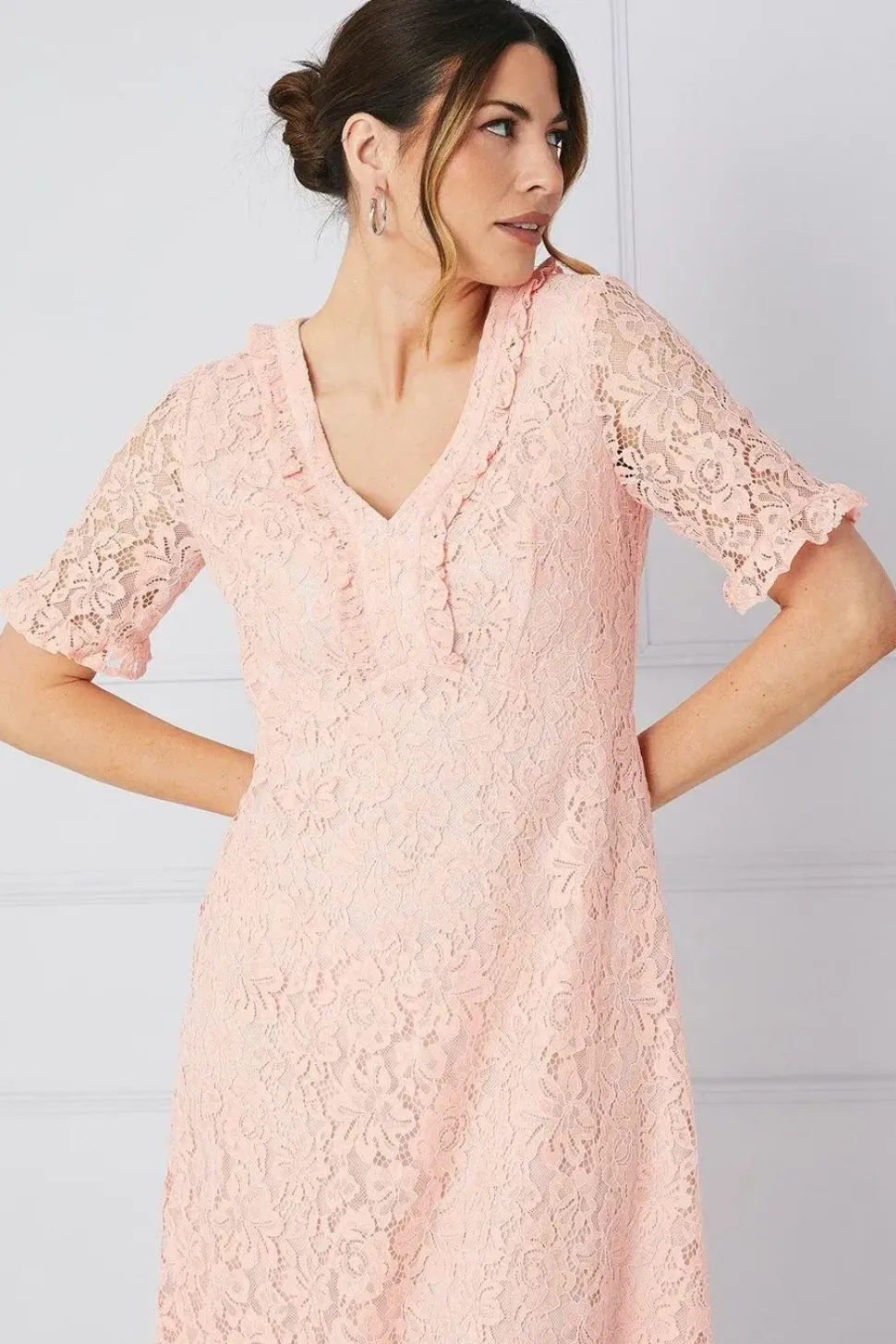 Lace Ruffle Front Midi Dress