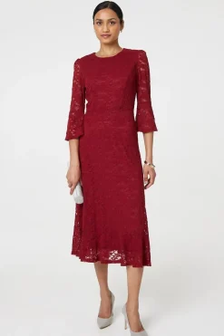 Lace Semi Sheer 3/4 Flute Sleeve Midi Dress