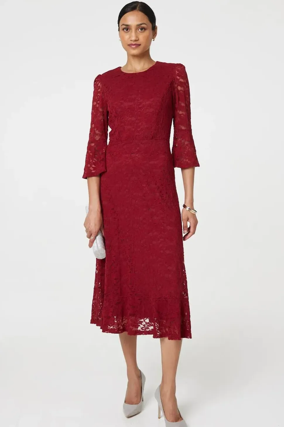 Lace Semi Sheer 3/4 Flute Sleeve Midi Dress