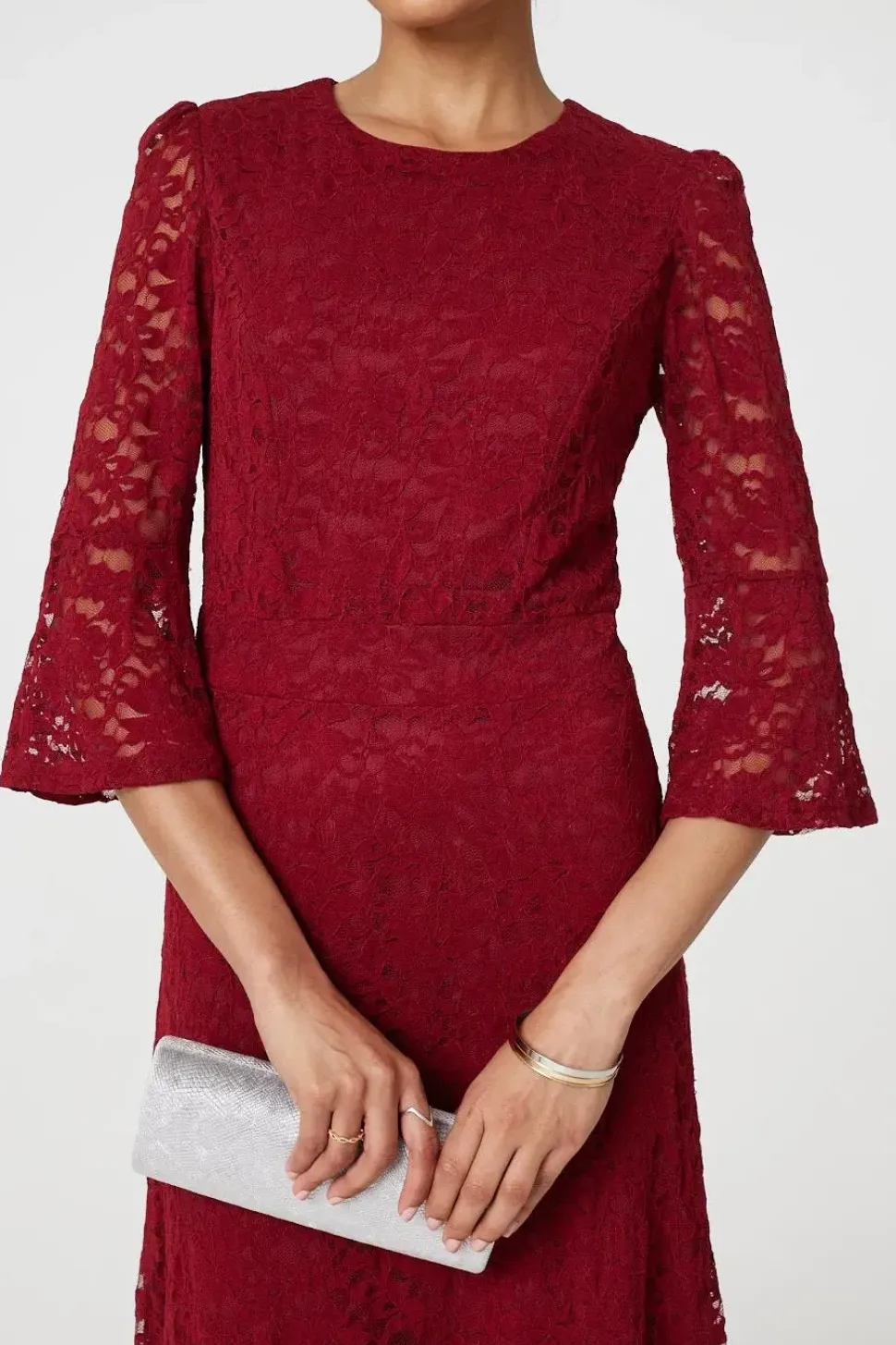 Lace Semi Sheer 3/4 Flute Sleeve Midi Dress