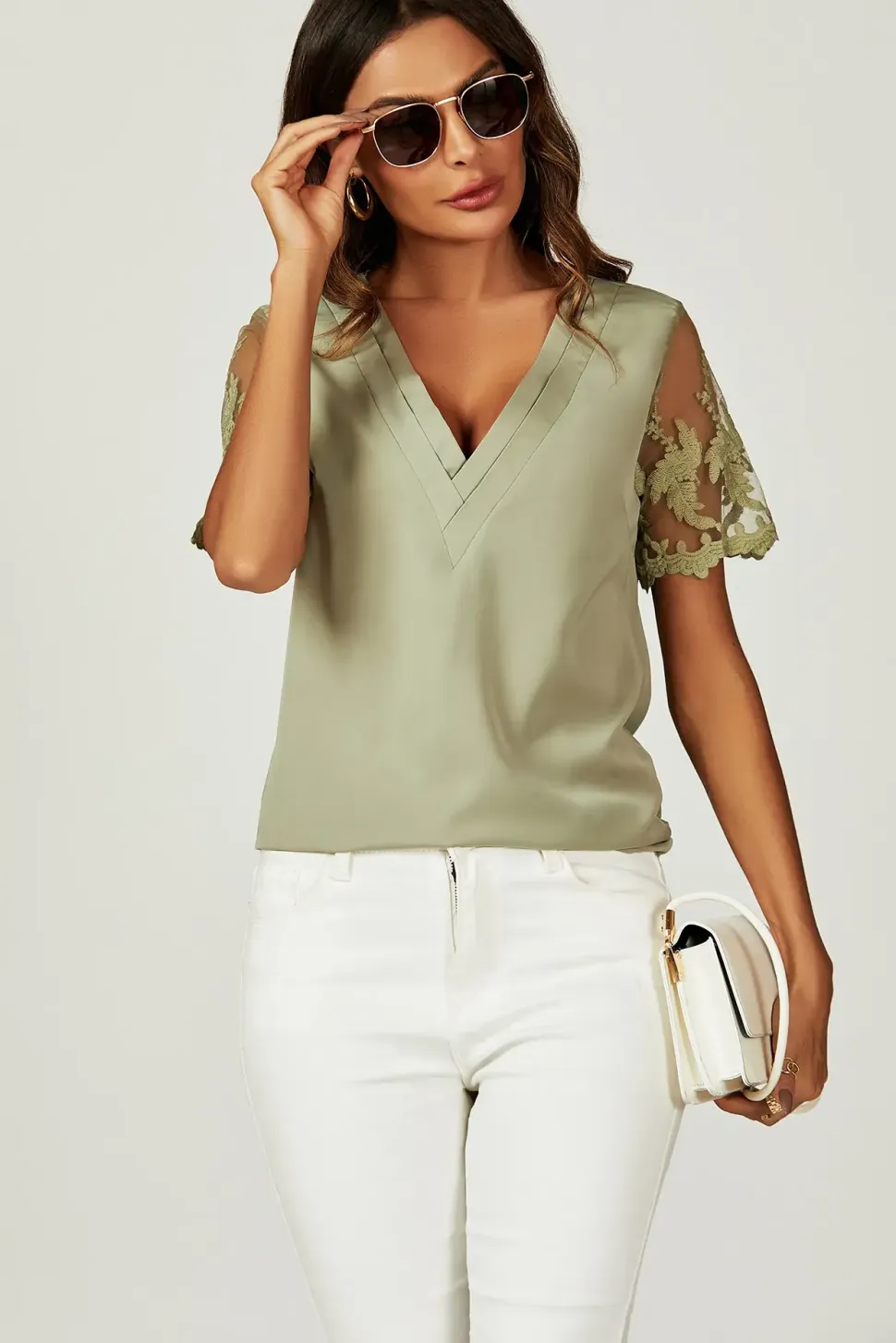 Lace Short Sleeve v Neck Blouse Top In Olive