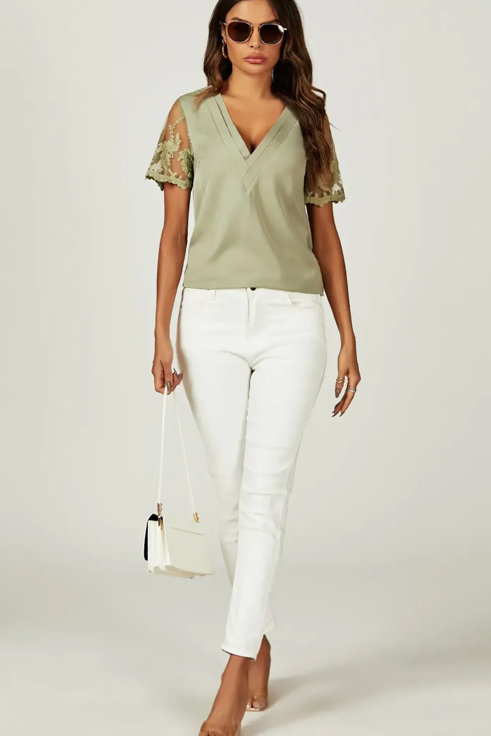 Lace Short Sleeve v Neck Blouse Top In Olive