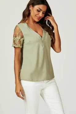 Lace Short Sleeve v Neck Blouse Top In Olive