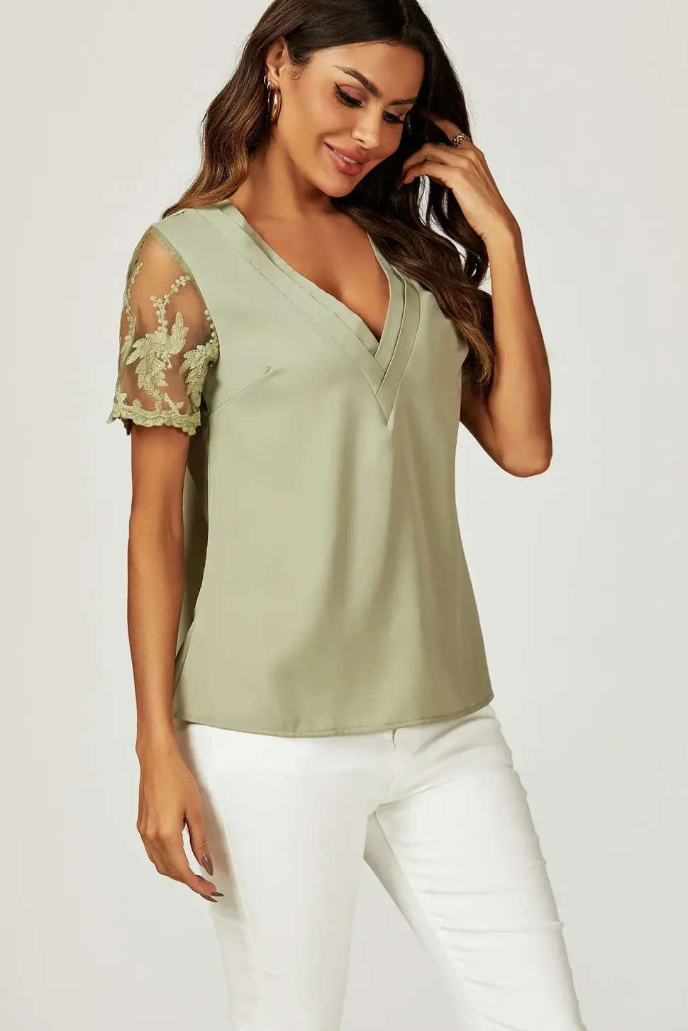 Lace Short Sleeve v Neck Blouse Top In Olive