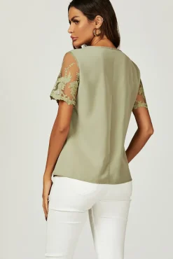 Lace Short Sleeve v Neck Blouse Top In Olive