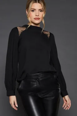 Lace Shoulder Long Sleeve Blouse