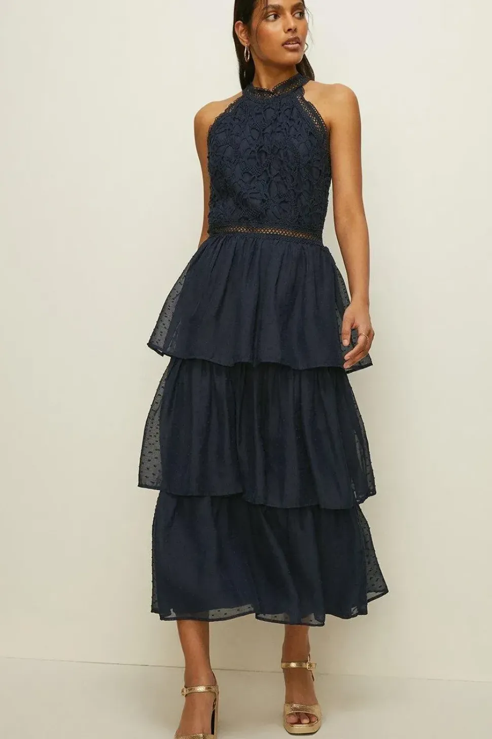 Lace Tiered Halter Neck Midi Bridesmaids Dress
