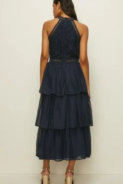 Lace Tiered Halter Neck Midi Bridesmaids Dress