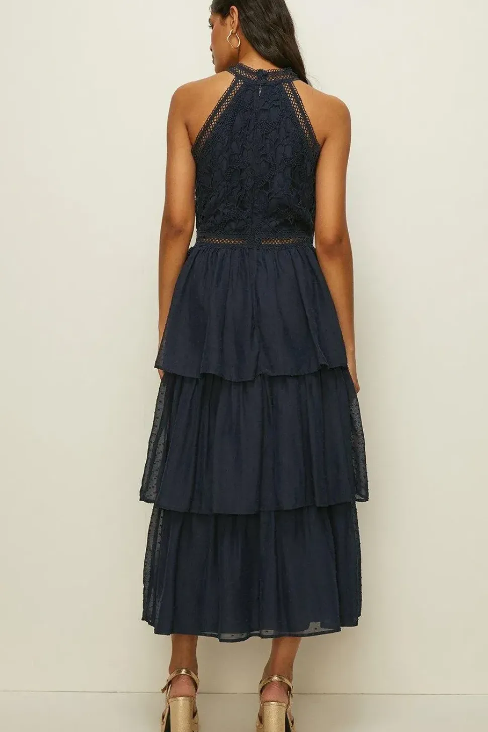 Lace Tiered Halter Neck Midi Bridesmaids Dress